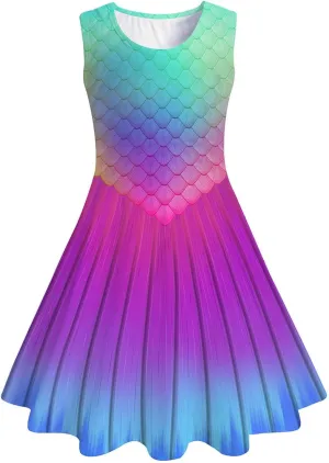 Funnycokid Mermaid Dress Girls Kids Summer Sleeveless Sundress Birthday Outfit Twirly Party Clothes 4-13 Years