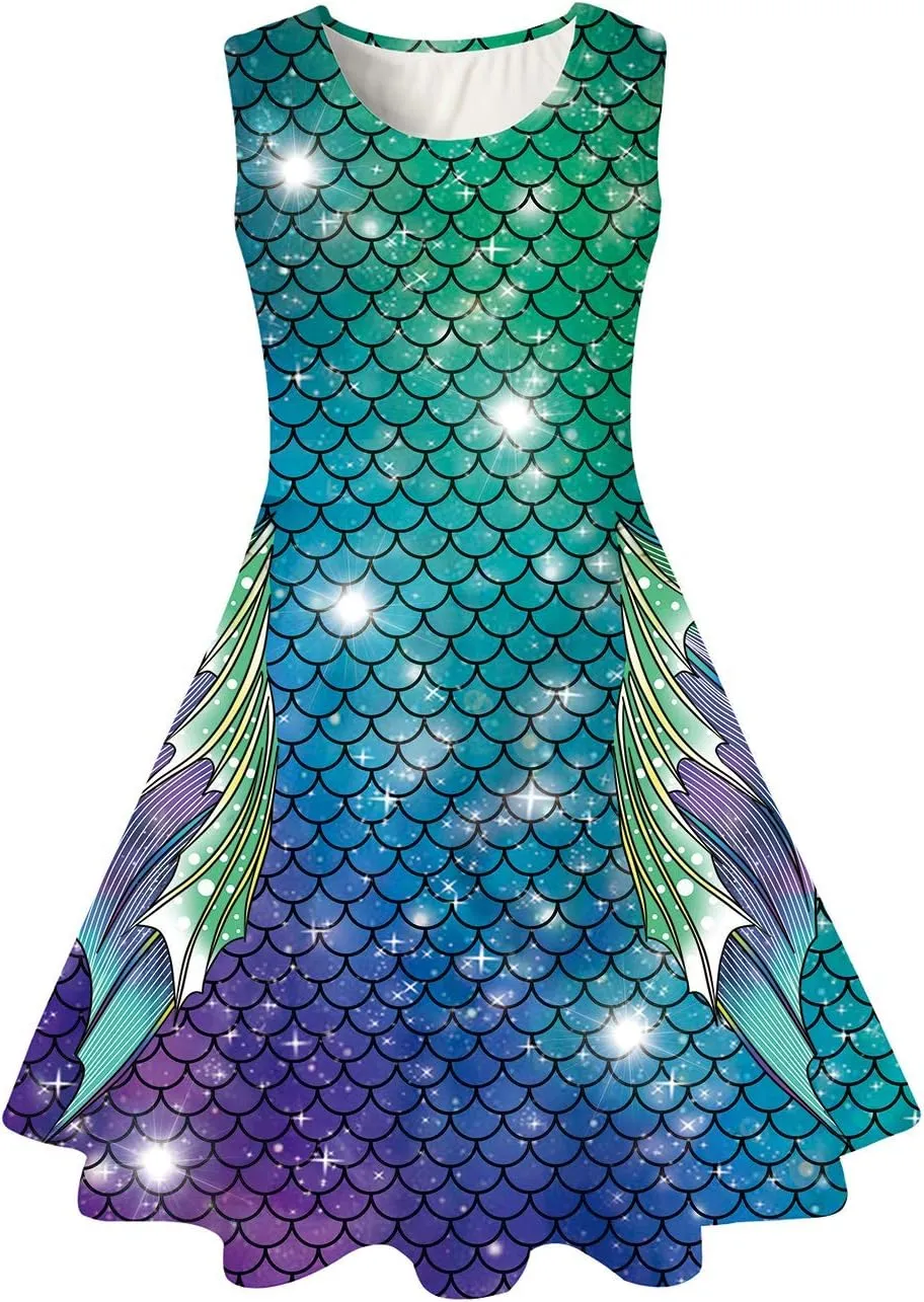 Funnycokid Mermaid Dress Girls Kids Summer Sleeveless Sundress Birthday Outfit Twirly Party Clothes 4-13 Years