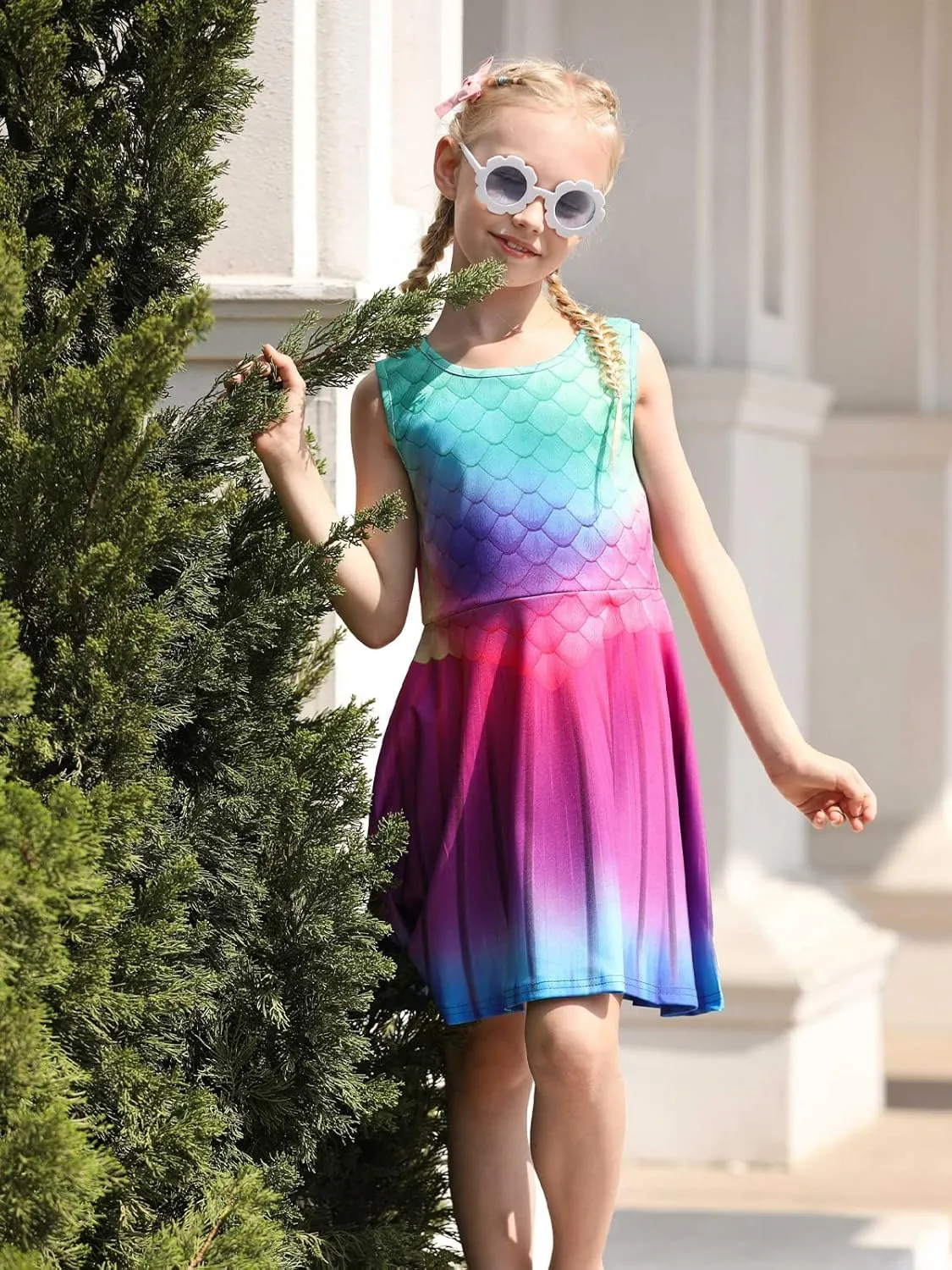Funnycokid Mermaid Dress Girls Kids Summer Sleeveless Sundress Birthday Outfit Twirly Party Clothes 4-13 Years