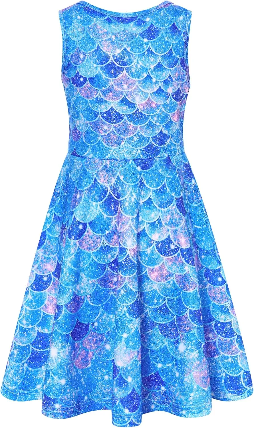 Funnycokid Mermaid Dress Girls Kids Summer Sleeveless Sundress Birthday Outfit Twirly Party Clothes 4-13 Years