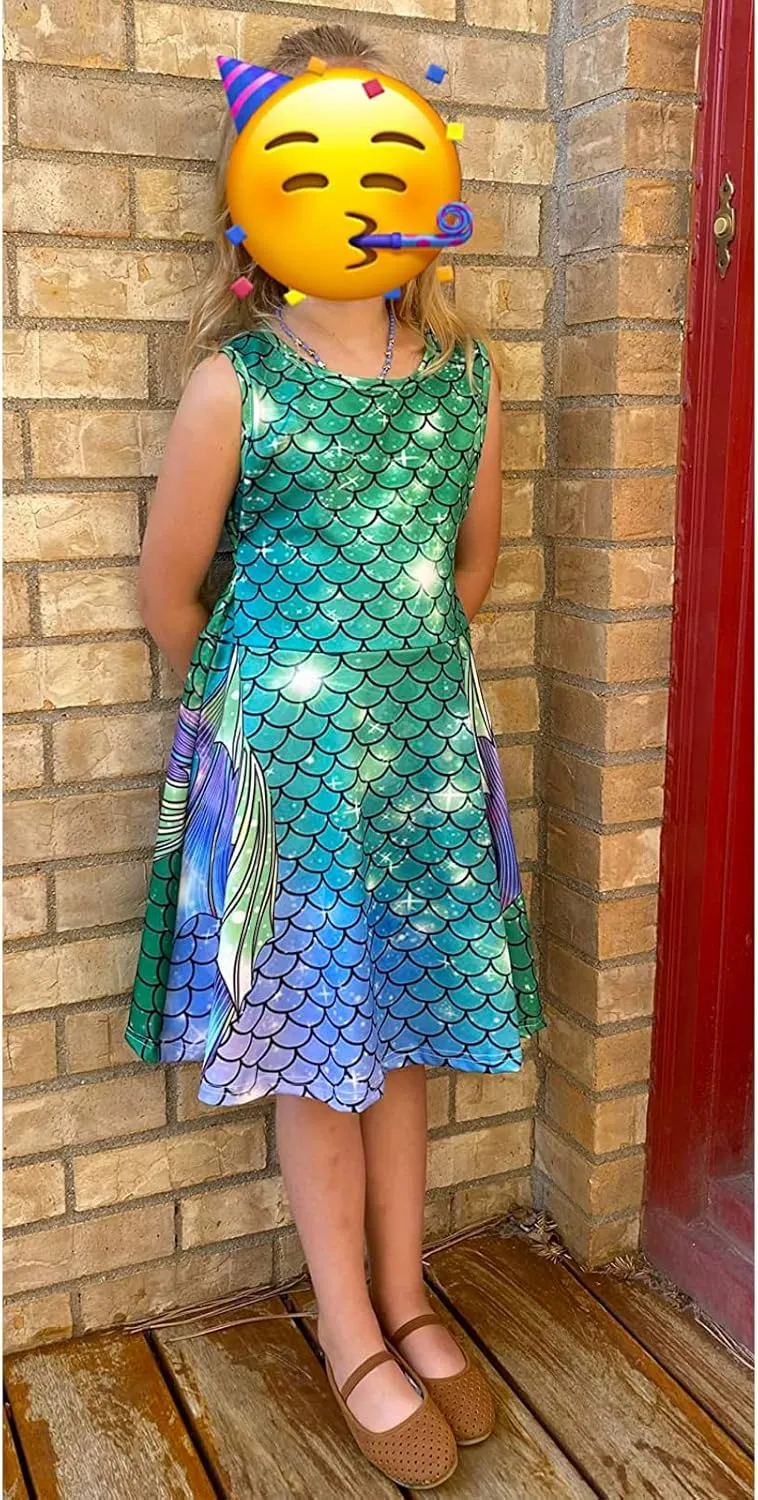 Funnycokid Mermaid Dress Girls Kids Summer Sleeveless Sundress Birthday Outfit Twirly Party Clothes 4-13 Years