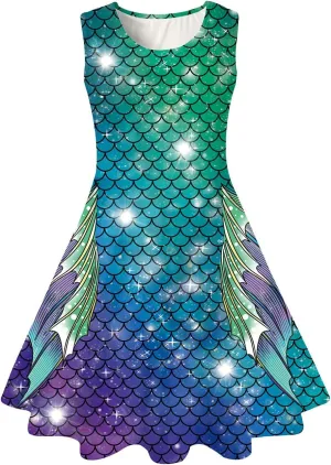 Funnycokid Mermaid Dress Girls Kids Summer Sleeveless Sundress Birthday Outfit Twirly Party Clothes 4-13 Years