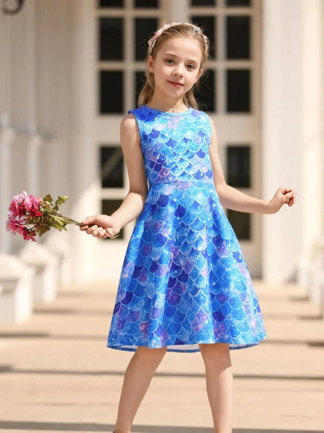 Funnycokid Mermaid Dress Girls Kids Summer Sleeveless Sundress Birthday Outfit Twirly Party Clothes 4-13 Years
