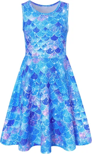 Funnycokid Mermaid Dress Girls Kids Summer Sleeveless Sundress Birthday Outfit Twirly Party Clothes 4-13 Years