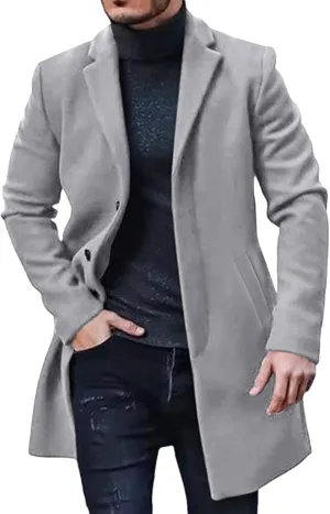 Fxbar Men's Solid Color Spread Collar Trench Coat Classic Single Breasted Extra Long Jacket Streetwear (Z1-Grey, M)