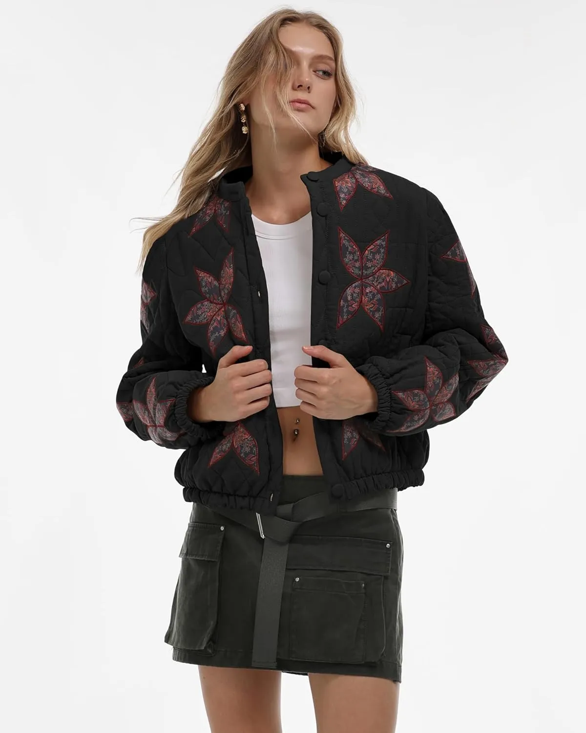 Gacaky Women's Lightweight Floral Embroidered Cropped Quilted Jacket Winter Warm Button Down Puffer Jacket Coat with Pockets
