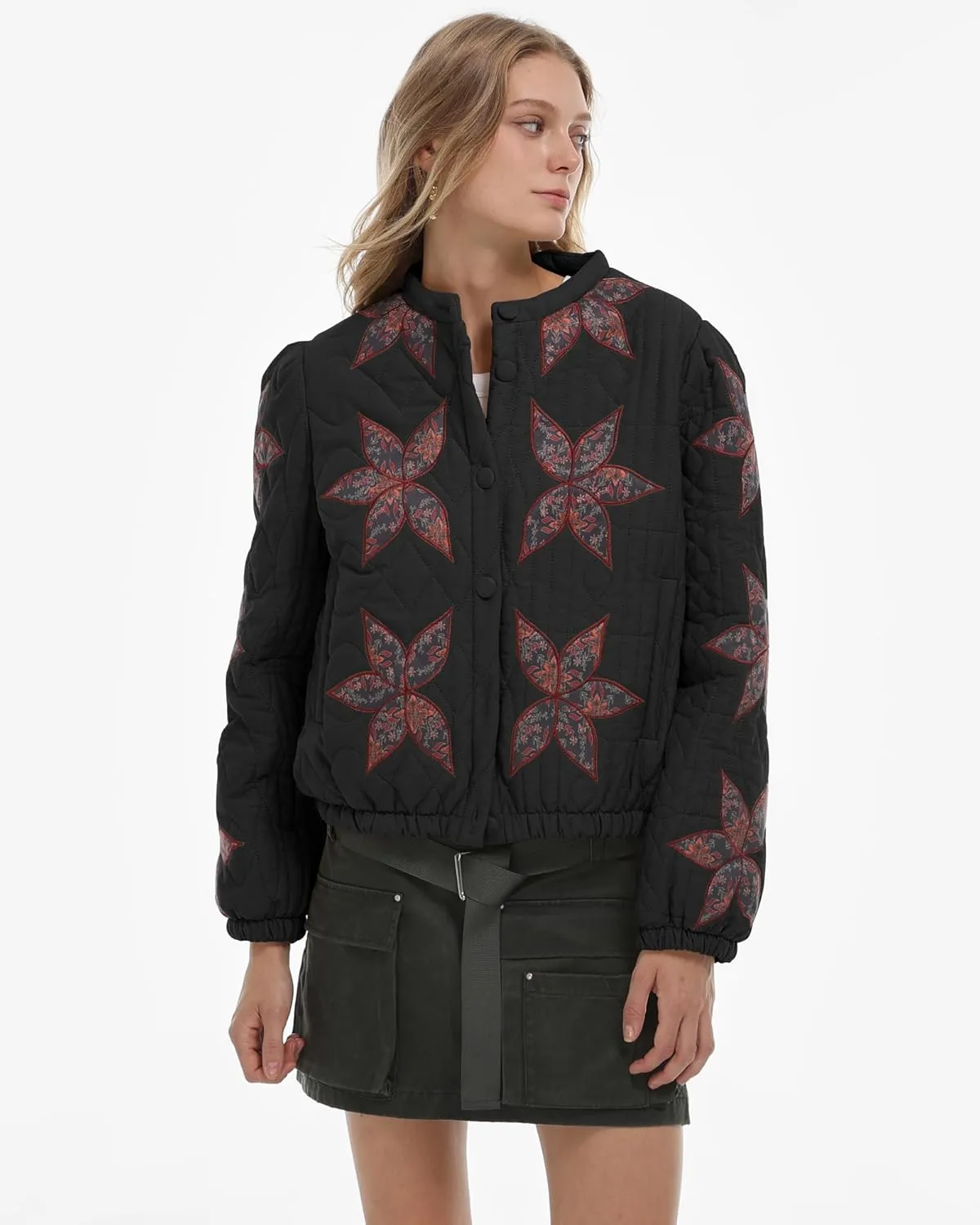 Gacaky Women's Lightweight Floral Embroidered Cropped Quilted Jacket Winter Warm Button Down Puffer Jacket Coat with Pockets