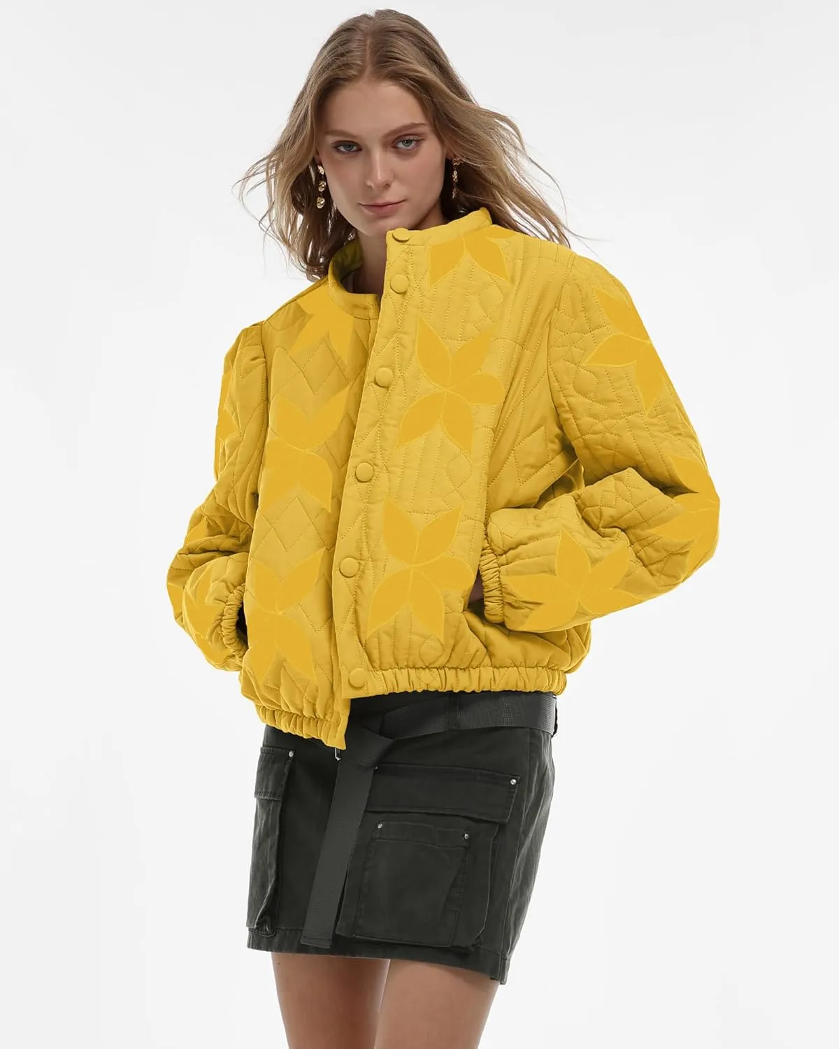 Gacaky Women's Lightweight Floral Embroidered Cropped Quilted Jacket Winter Warm Button Down Puffer Jacket Coat with Pockets