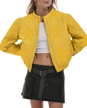 Gacaky Women's Lightweight Floral Embroidered Cropped Quilted Jacket Winter Warm Button Down Puffer Jacket Coat with Pockets