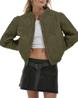 Gacaky Women's Lightweight Floral Embroidered Cropped Quilted Jacket Winter Warm Button Down Puffer Jacket Coat with Pockets