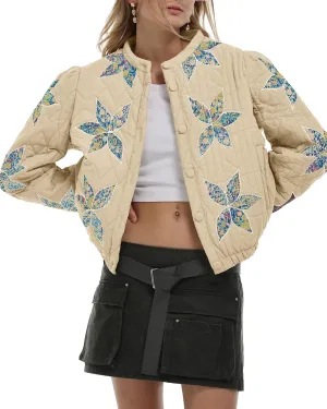 Gacaky Women's Lightweight Floral Embroidered Cropped Quilted Jacket Winter Warm Button Down Puffer Jacket Coat with Pockets