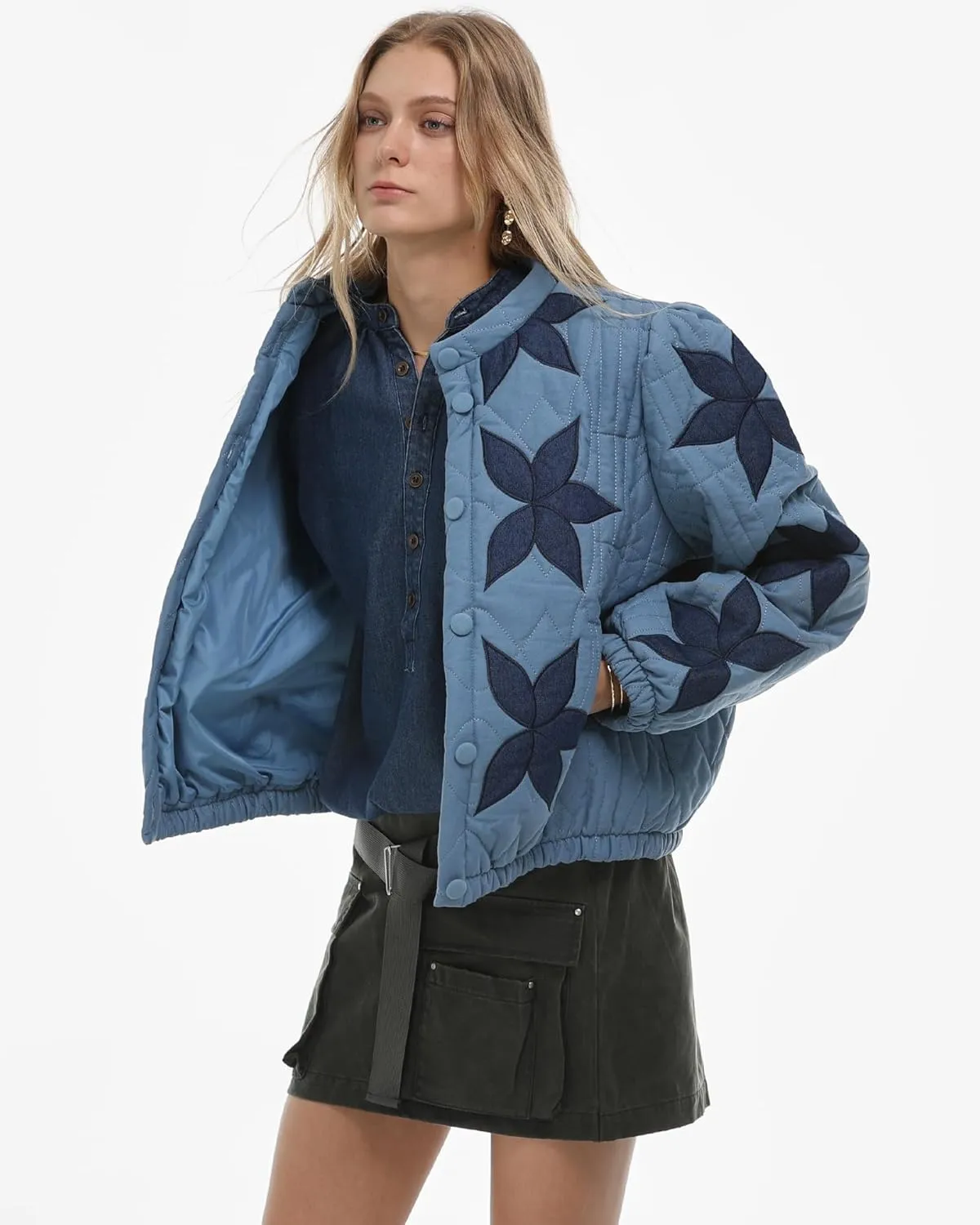 Gacaky Women's Lightweight Floral Embroidered Cropped Quilted Jacket Winter Warm Button Down Puffer Jacket Coat with Pockets