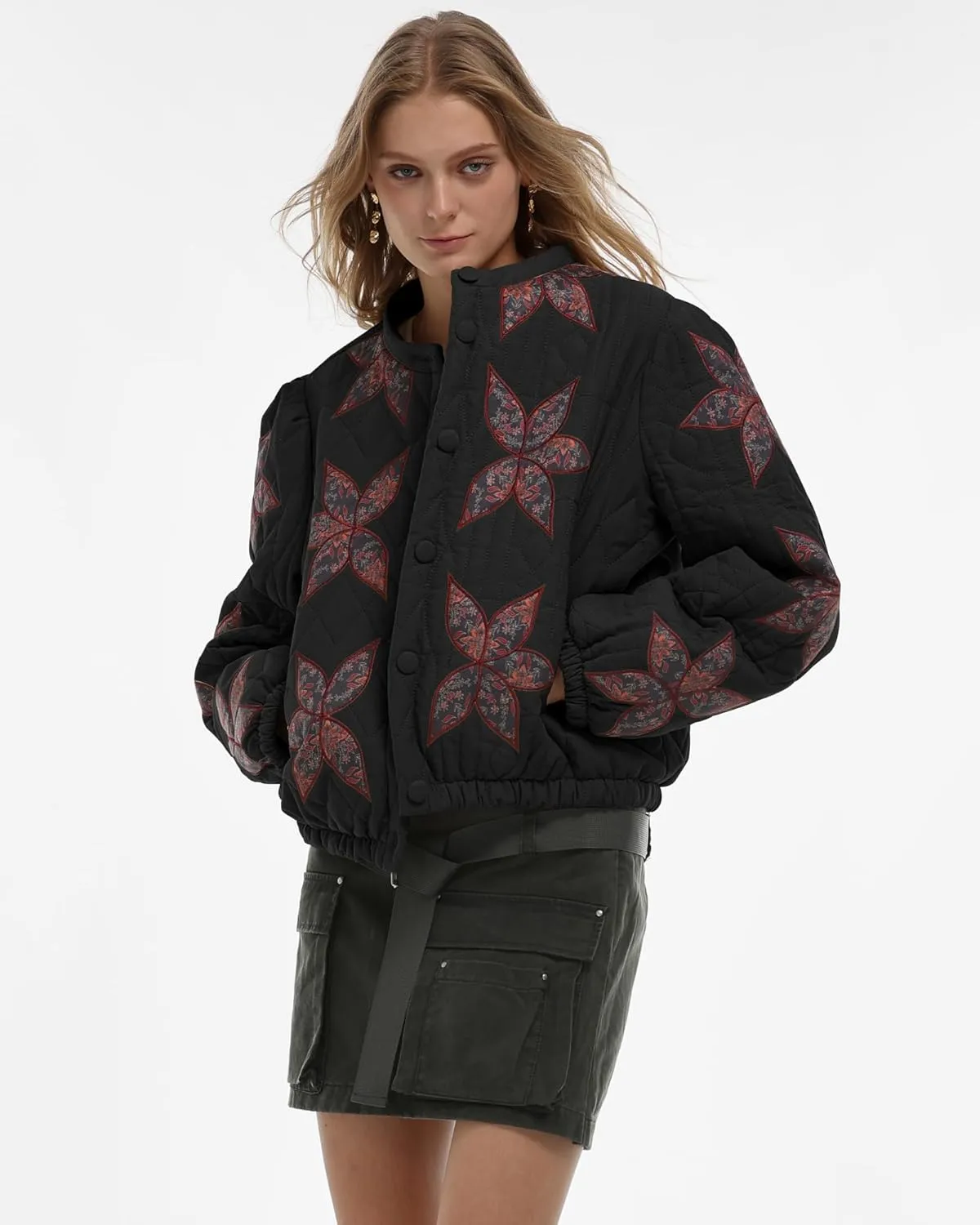 Gacaky Women's Lightweight Floral Embroidered Cropped Quilted Jacket Winter Warm Button Down Puffer Jacket Coat with Pockets
