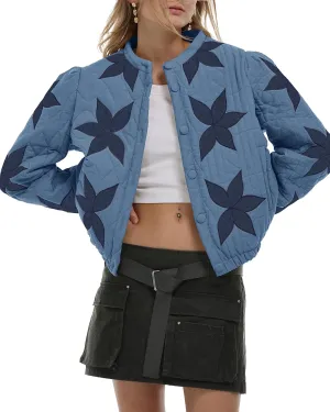 Gacaky Women's Lightweight Floral Embroidered Cropped Quilted Jacket Winter Warm Button Down Puffer Jacket Coat with Pockets
