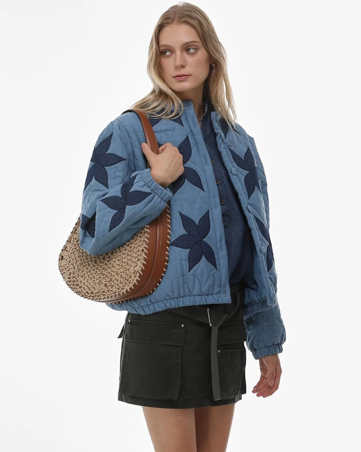 Gacaky Women's Lightweight Floral Embroidered Cropped Quilted Jacket Winter Warm Button Down Puffer Jacket Coat with Pockets
