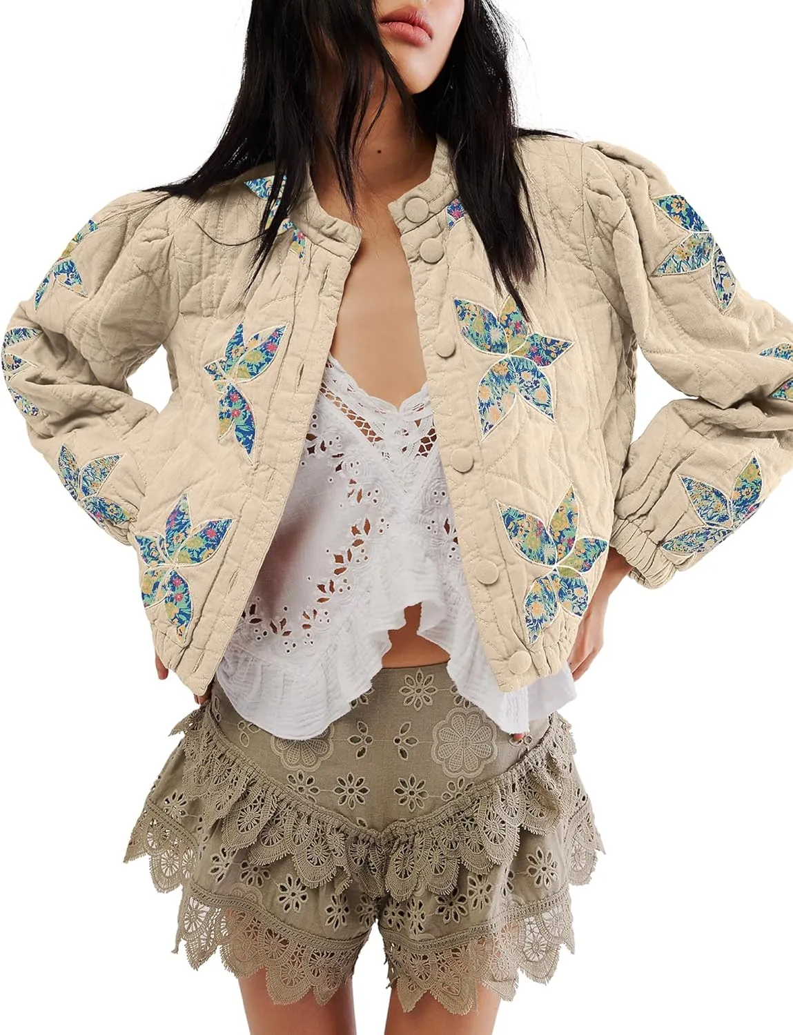 Gacaky Women's Lightweight Floral Embroidered Cropped Quilted Jacket Winter Warm Button Down Puffer Jacket Coat with Pockets
