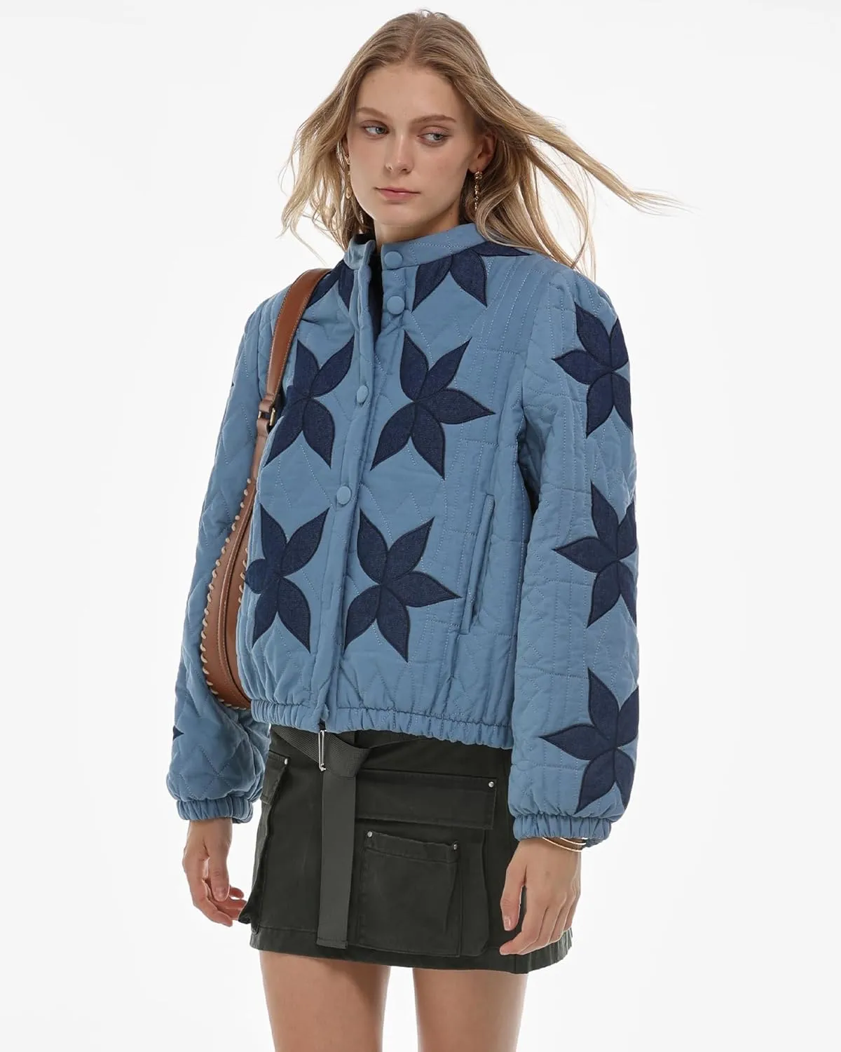 Gacaky Women's Lightweight Floral Embroidered Cropped Quilted Jacket Winter Warm Button Down Puffer Jacket Coat with Pockets