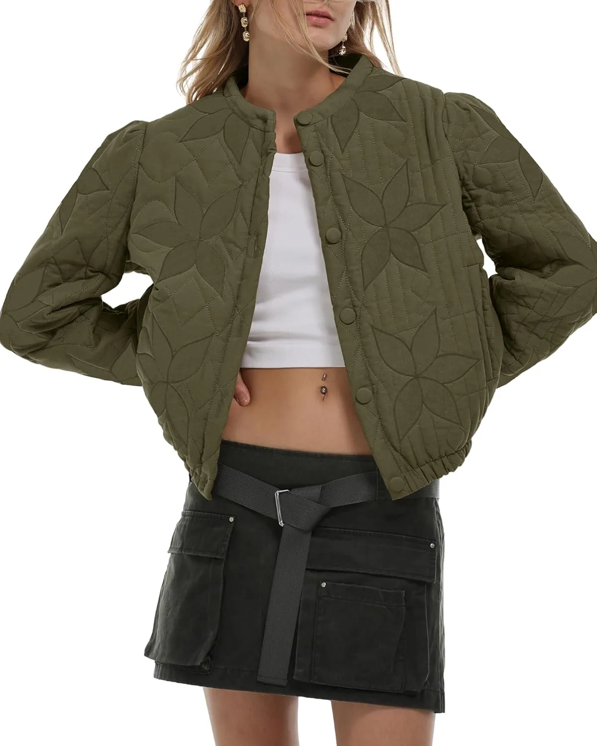 Gacaky Women's Lightweight Floral Embroidered Cropped Quilted Jacket Winter Warm Button Down Puffer Jacket Coat with Pockets