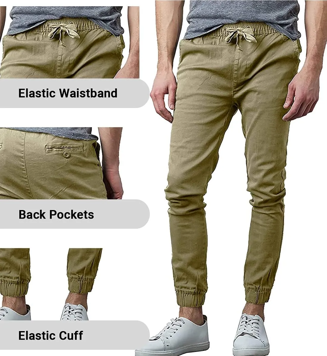 Galaxy by Harvic Men's Basic Stretch Twill Joggers Chinos Hiking Drawstring