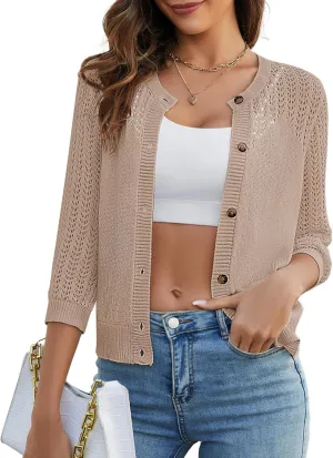 Genhoo 2024 Women's 3/4 Sleeve Cropped Cardigan Summer Lightweight Button Down Sweater Crochet Knit Bolero Shrugs