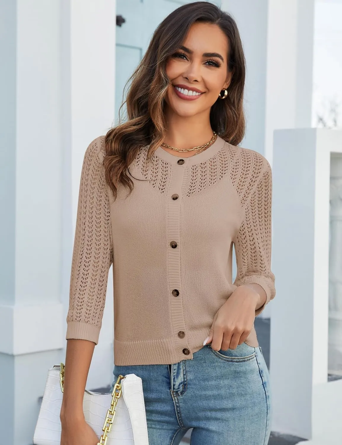 Genhoo 2024 Women's 3/4 Sleeve Cropped Cardigan Summer Lightweight Button Down Sweater Crochet Knit Bolero Shrugs