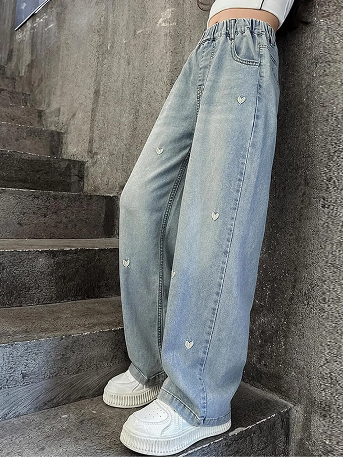 Girls' Wide Leg Baggy Jeans Elastic Wasit Pull On Denim Casual Pants