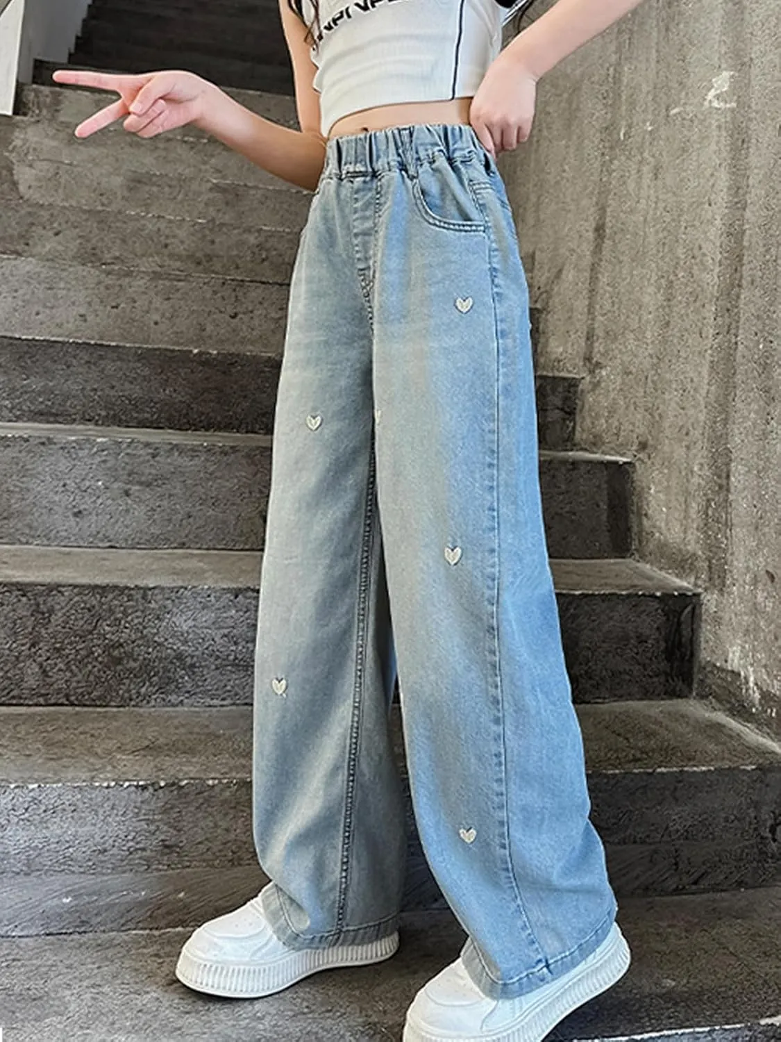Girls' Wide Leg Baggy Jeans Elastic Wasit Pull On Denim Casual Pants