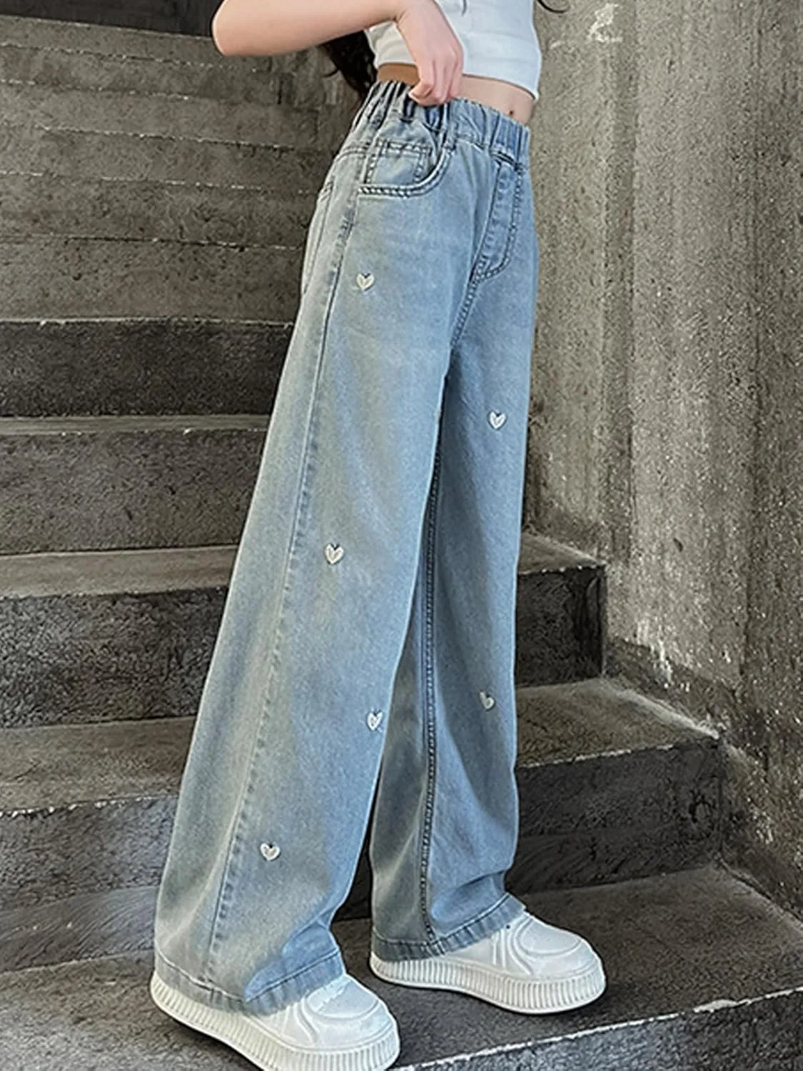 Girls' Wide Leg Baggy Jeans Elastic Wasit Pull On Denim Casual Pants
