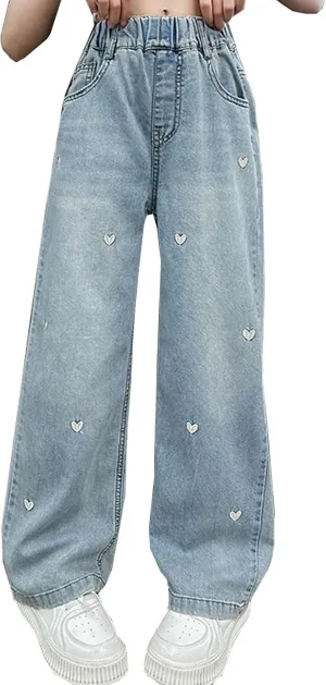 Girls' Wide Leg Baggy Jeans Elastic Wasit Pull On Denim Casual Pants