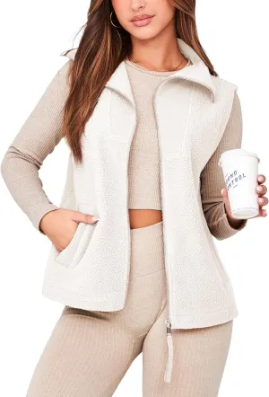 Glamaker Womens Fleece Vest Top Sleeveless Fuzzy Zip Up V Neck Sherpa Jacket Casual Outwear with Pocket