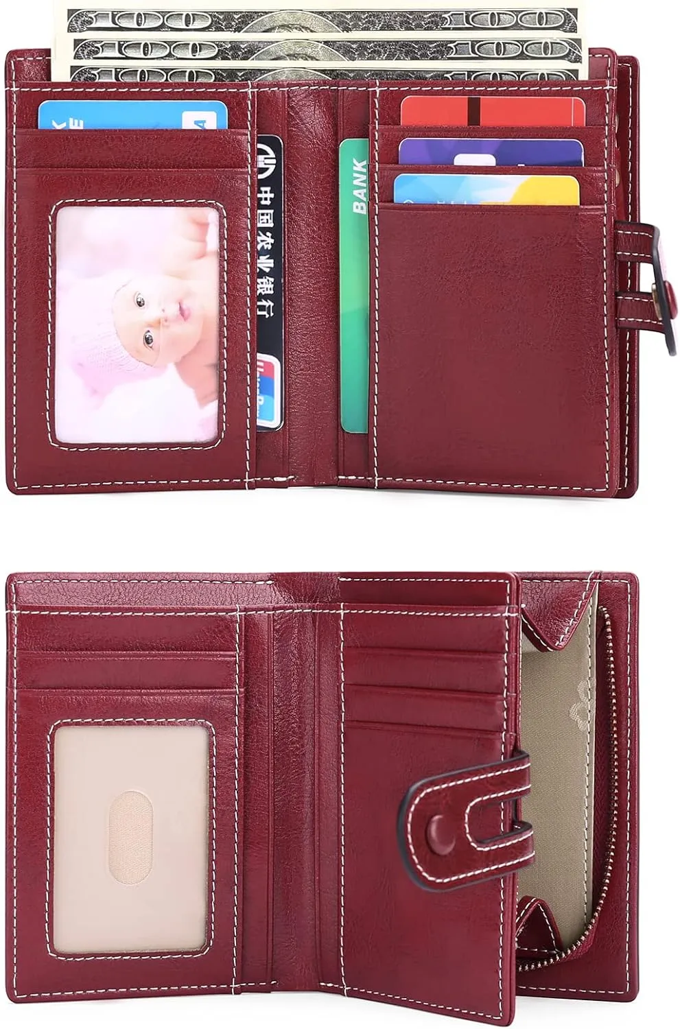 GOIACII Small Wallet Women Rfid Blocking Genuine Leather Compact Bifold Card Holder for Women with Zipper Coin Pocket 2 ID Windows