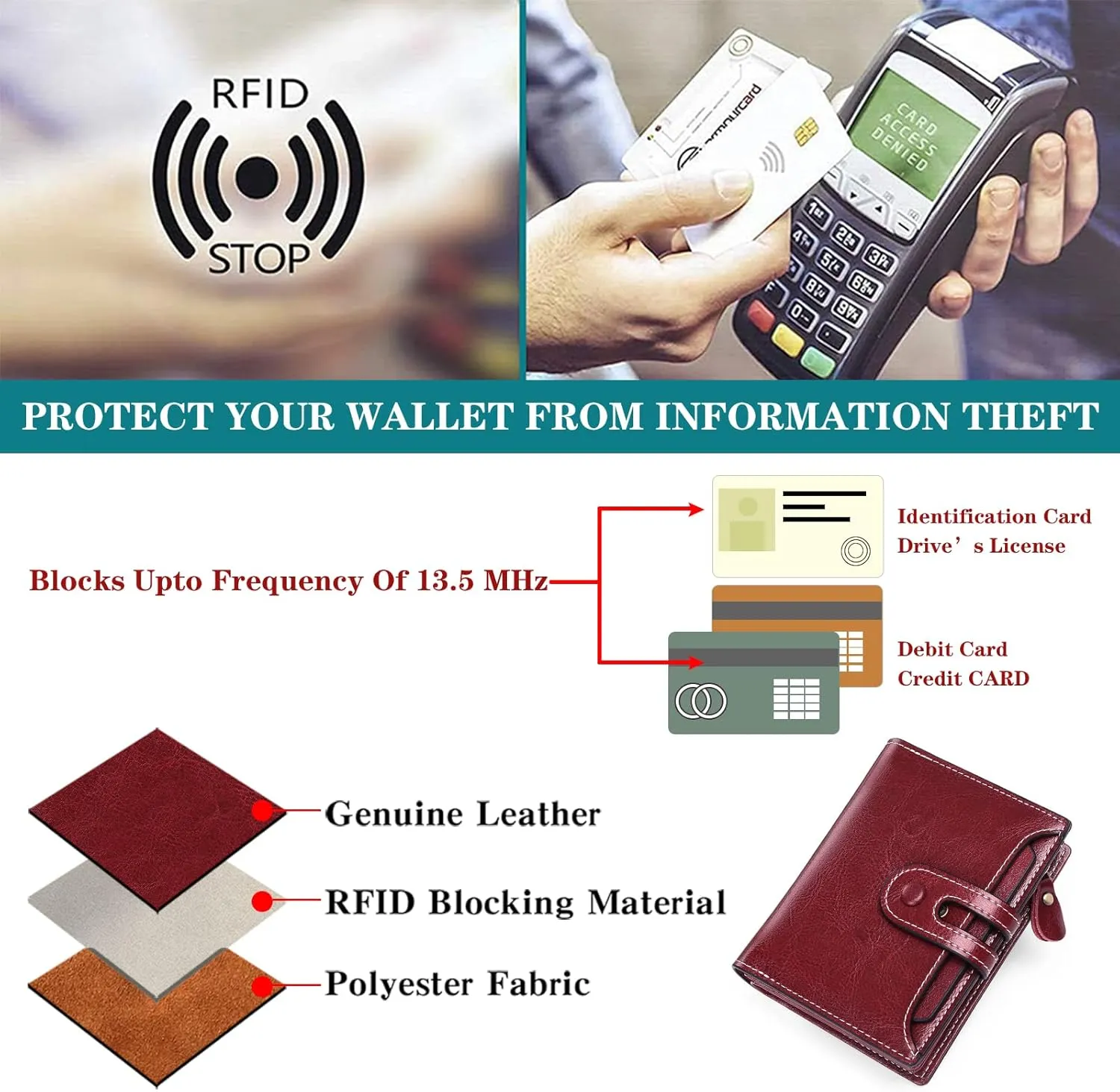 GOIACII Small Wallet Women Rfid Blocking Genuine Leather Compact Bifold Card Holder for Women with Zipper Coin Pocket 2 ID Windows