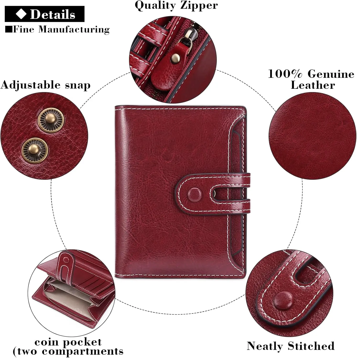 GOIACII Small Wallet Women Rfid Blocking Genuine Leather Compact Bifold Card Holder for Women with Zipper Coin Pocket 2 ID Windows