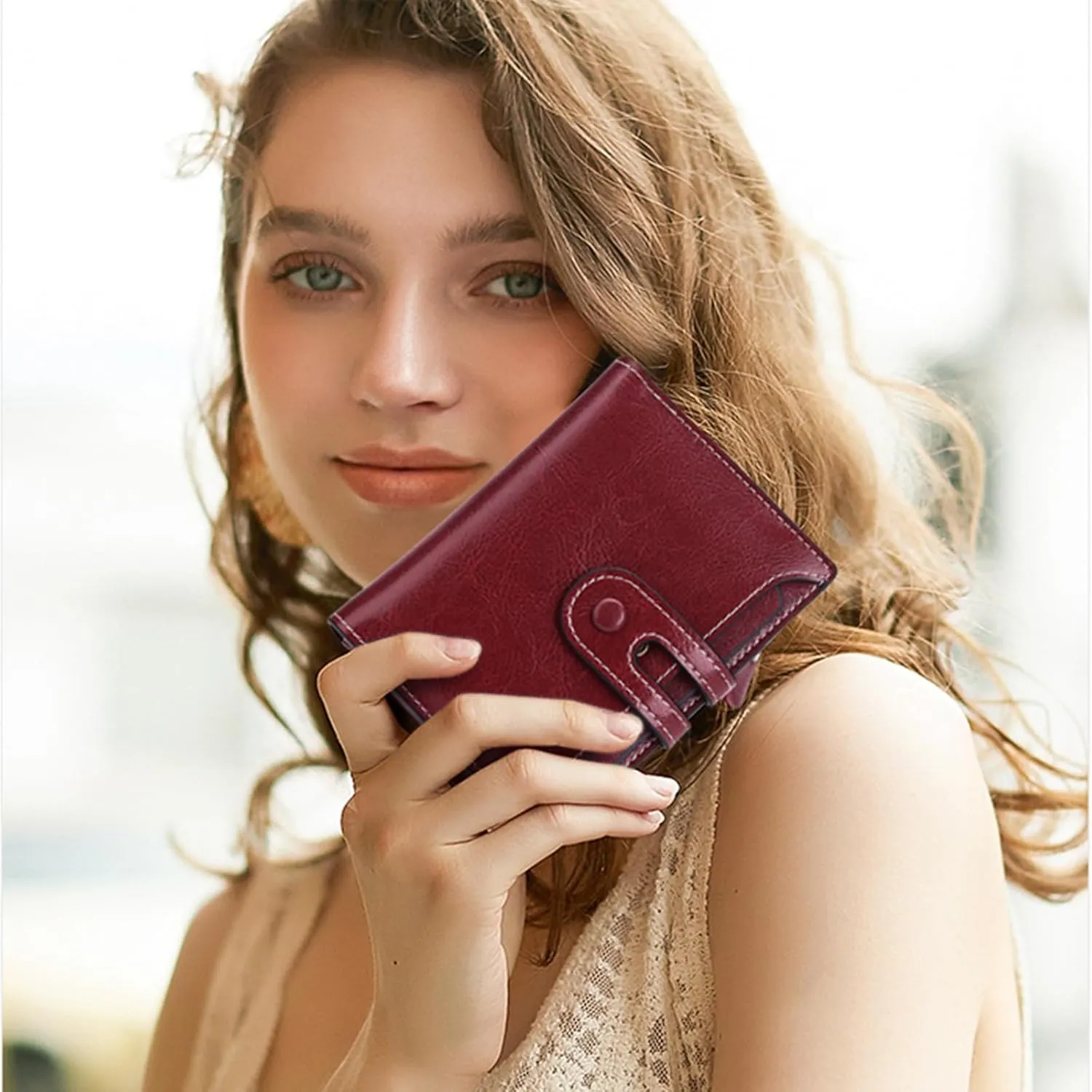 GOIACII Small Wallet Women Rfid Blocking Genuine Leather Compact Bifold Card Holder for Women with Zipper Coin Pocket 2 ID Windows