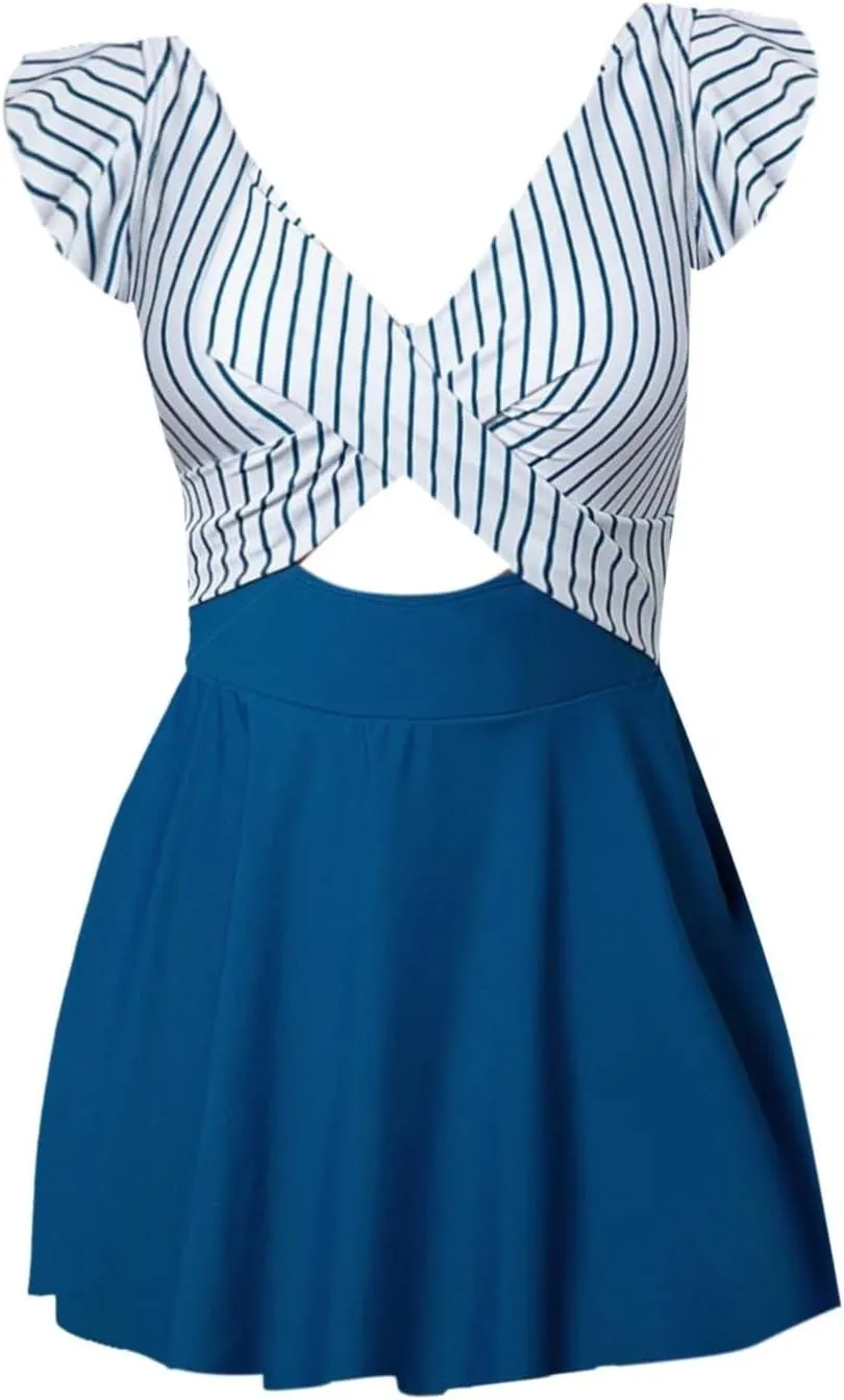 GOKKILRW Women One Piece Swimsuits with Skirt Tummy Control Ruffle Swimdress Cutout Bathing Suit V Neck Push Up 2025 Swimwear