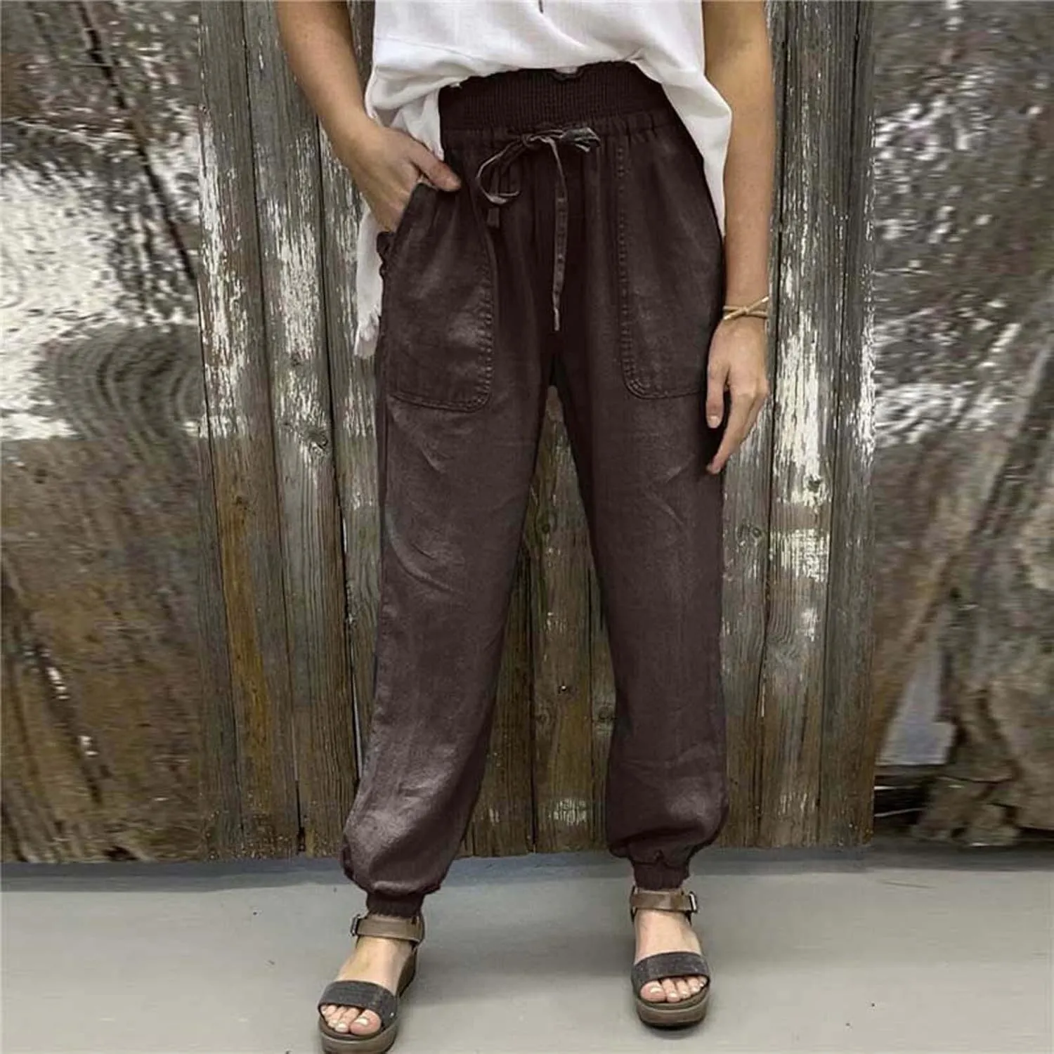 GOKKILRW Womens Cotton Linen Baggy Harem Pants Summer Lightweight Tapered Leg Workout Lounge Yoga Palazoo Cropped Pants