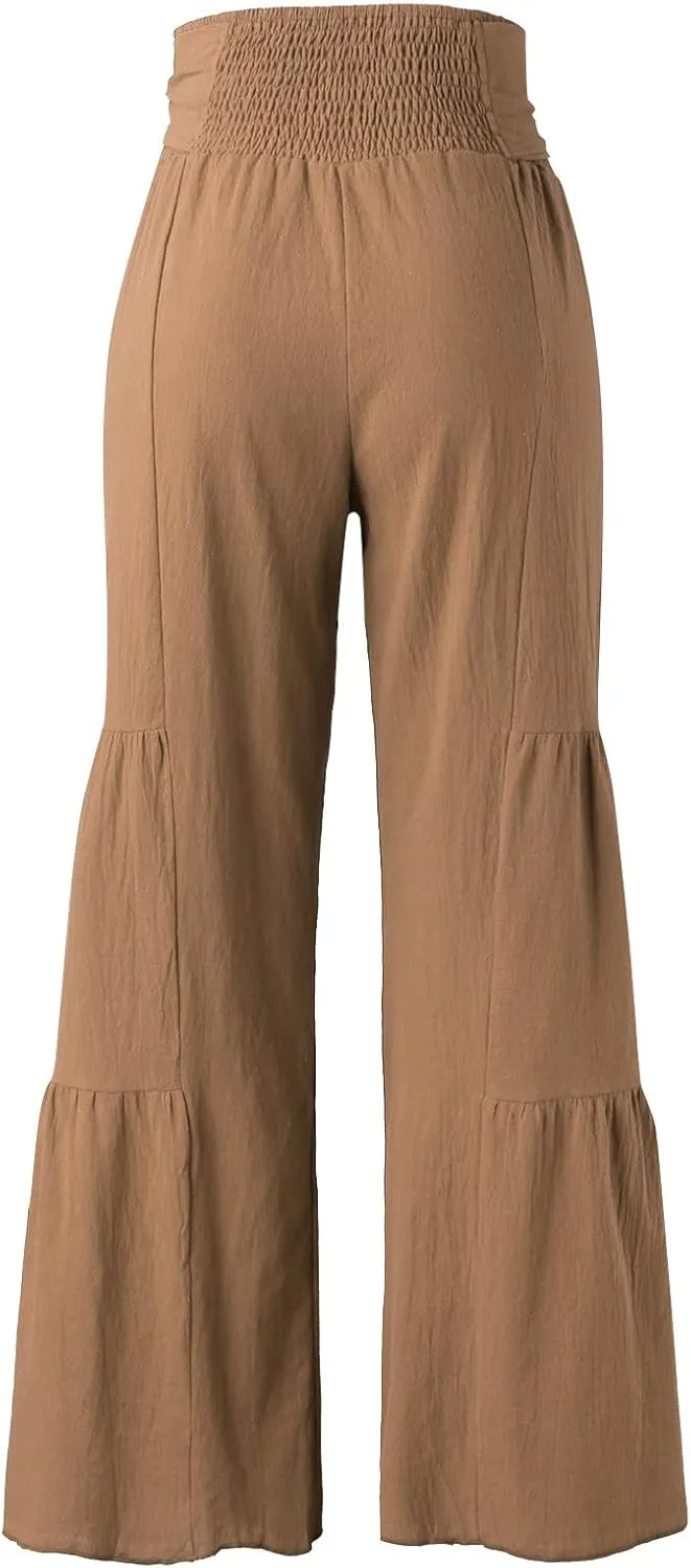 GOKKILRW Womens Wide Leg Palazzo Lounge Pants High Waist Smocked Beach Pants Linen Cotton Casual Tiered Ruffle Hem Trousers