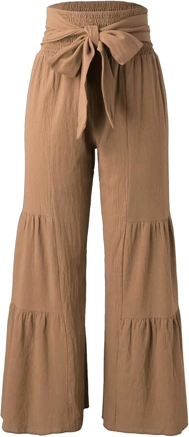 GOKKILRW Womens Wide Leg Palazzo Lounge Pants High Waist Smocked Beach Pants Linen Cotton Casual Tiered Ruffle Hem Trousers