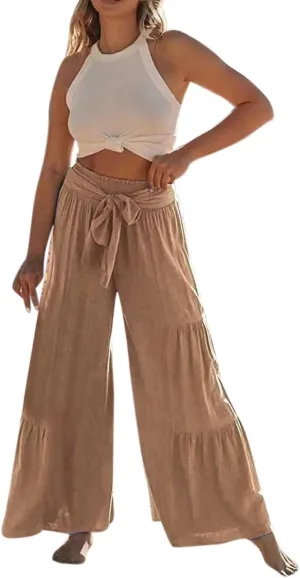 GOKKILRW Womens Wide Leg Palazzo Lounge Pants High Waist Smocked Beach Pants Linen Cotton Casual Tiered Ruffle Hem Trousers