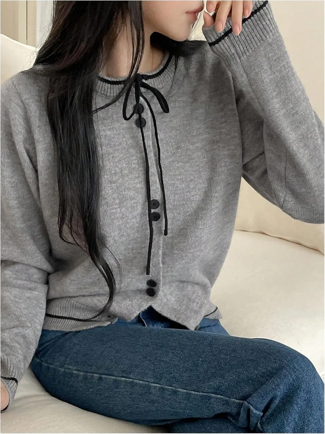 GORGLITTER Women's Bow Knot Lightweight Cardigan Dressy Long Sleeve Knit Tops Casual Color Block Button Front Sweater