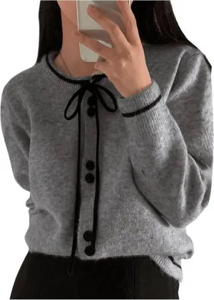 GORGLITTER Women's Bow Knot Lightweight Cardigan Dressy Long Sleeve Knit Tops Casual Color Block Button Front Sweater