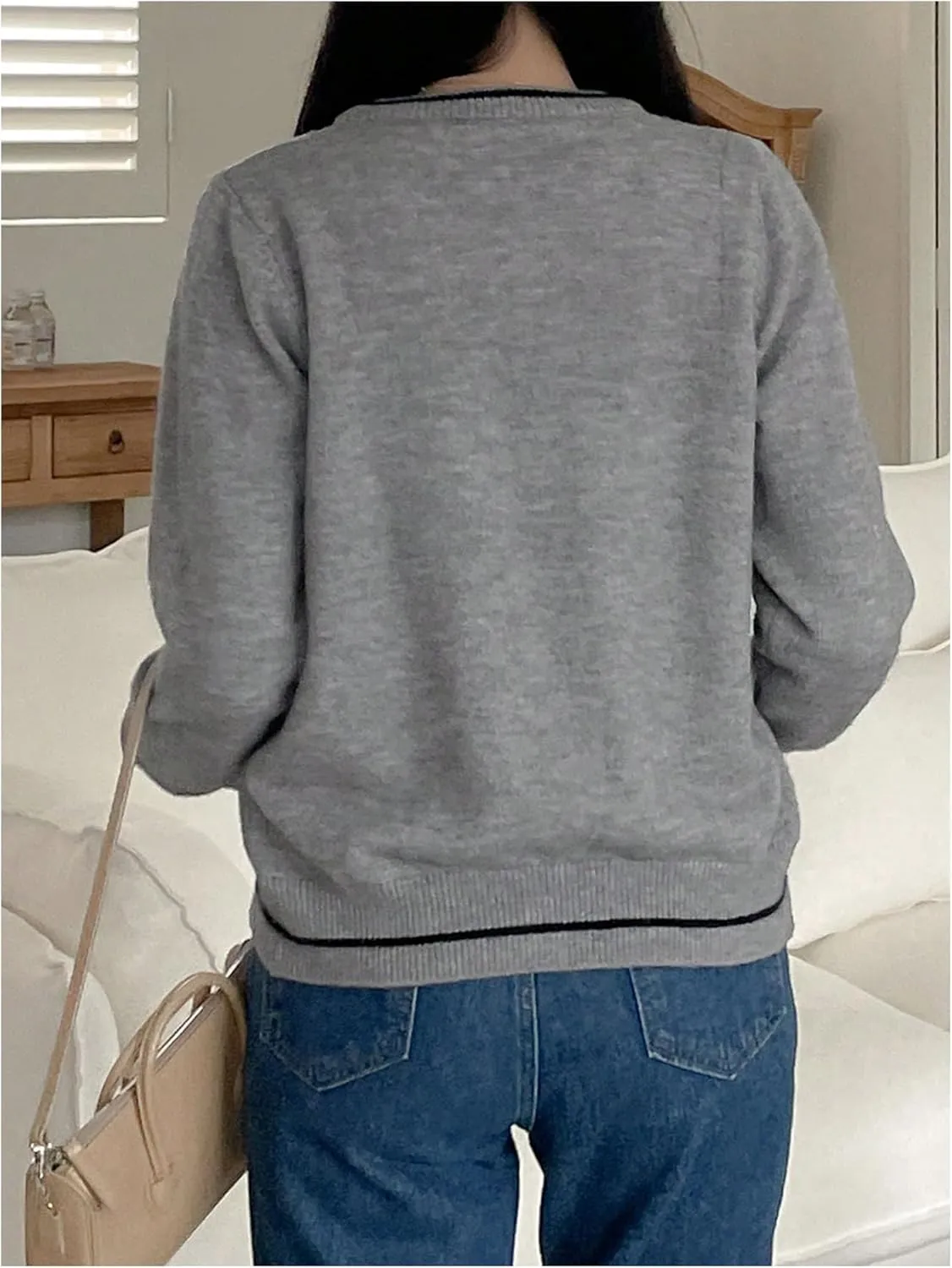 GORGLITTER Women's Bow Knot Lightweight Cardigan Dressy Long Sleeve Knit Tops Casual Color Block Button Front Sweater
