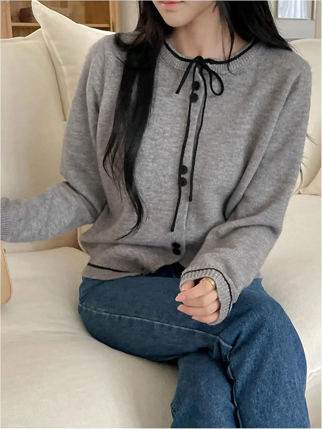 GORGLITTER Women's Bow Knot Lightweight Cardigan Dressy Long Sleeve Knit Tops Casual Color Block Button Front Sweater