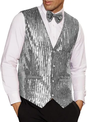 GRACE KARIN Mens Sequin Vest Slim Fit Shiny Dress Waistcoat Bowtie Set for Wedding Prom Party