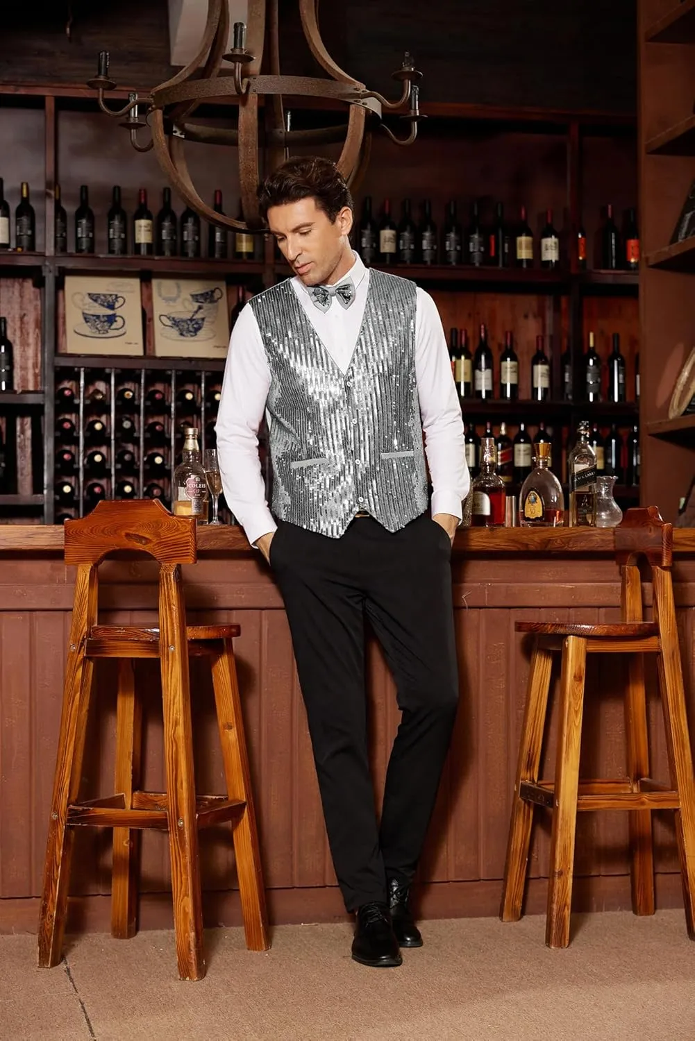 GRACE KARIN Mens Sequin Vest Slim Fit Shiny Dress Waistcoat Bowtie Set for Wedding Prom Party