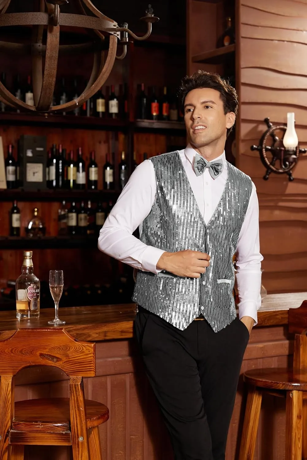 GRACE KARIN Mens Sequin Vest Slim Fit Shiny Dress Waistcoat Bowtie Set for Wedding Prom Party
