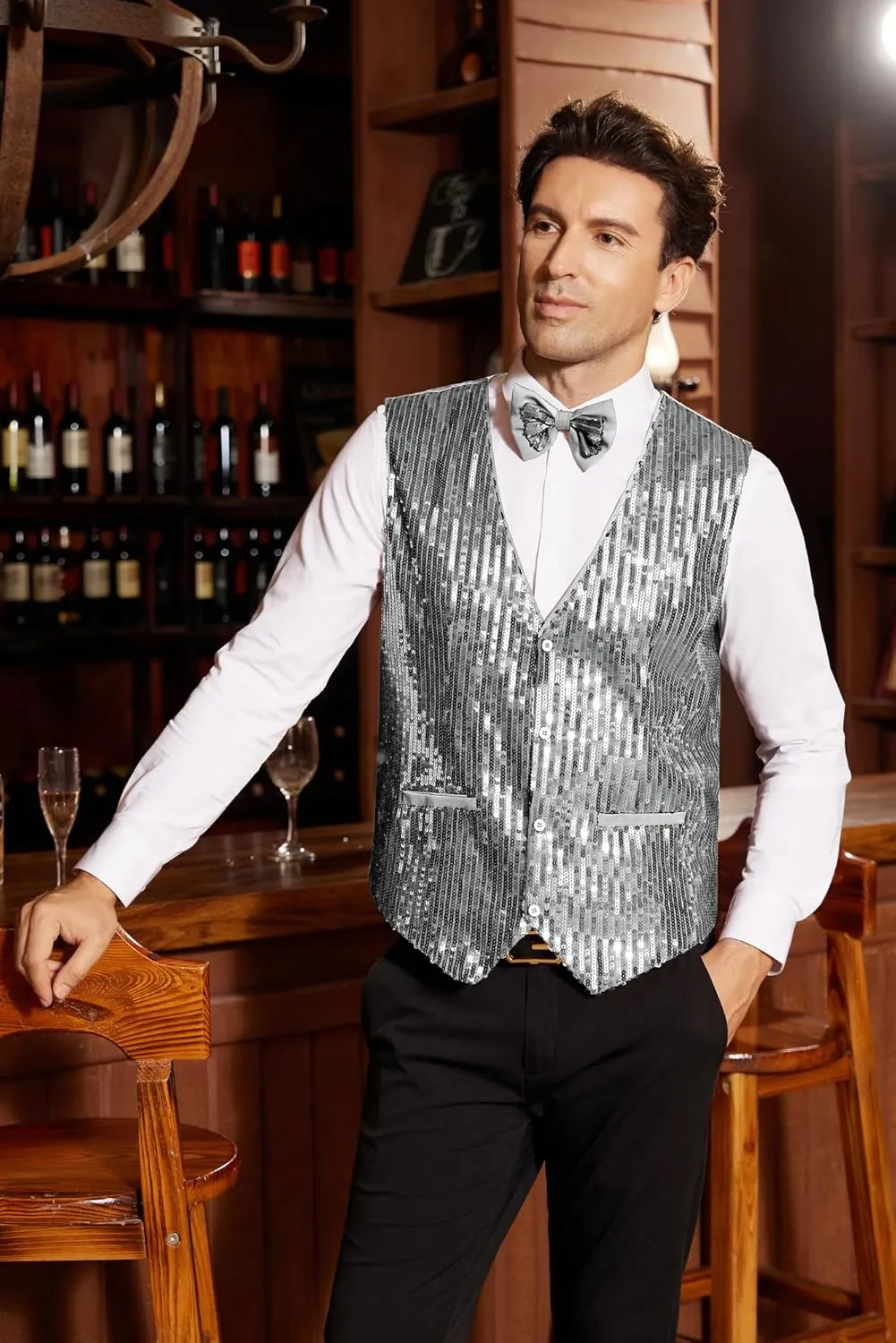 GRACE KARIN Mens Sequin Vest Slim Fit Shiny Dress Waistcoat Bowtie Set for Wedding Prom Party