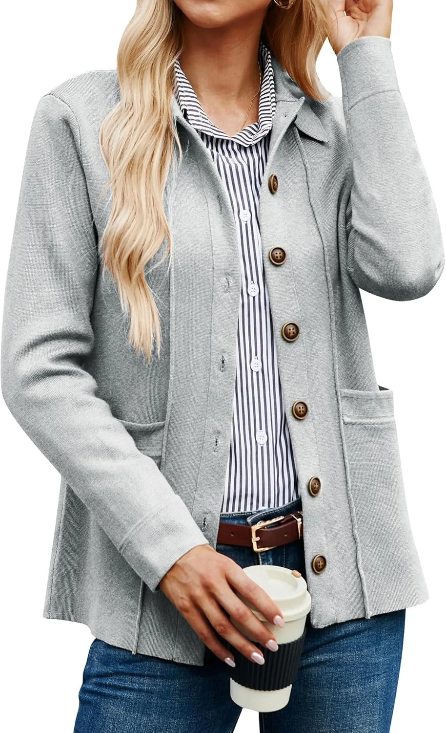 GRACE KARIN Women Casual Cardigan Knit Button Down Shirts Long Sleeve Shacket Jacket with Pockets