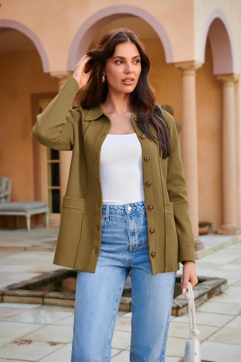 GRACE KARIN Women Casual Cardigan Knit Button Down Shirts Long Sleeve Shacket Jacket with Pockets