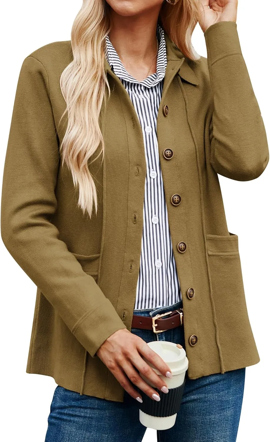 GRACE KARIN Women Casual Cardigan Knit Button Down Shirts Long Sleeve Shacket Jacket with Pockets
